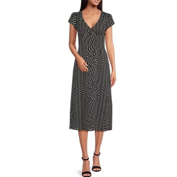 WAYF Polka Printed V-Neck Cap Sleeve Midi Dress Size Medium M Black/White Dots - Picture 1 of 6